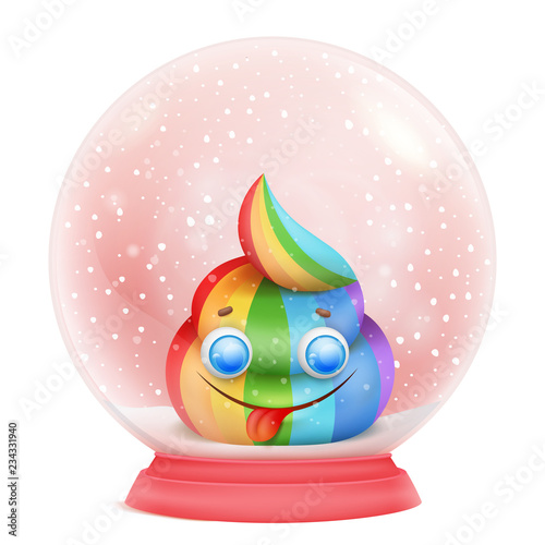 cartoon unicorn rainbow emoji character in glass snow ball