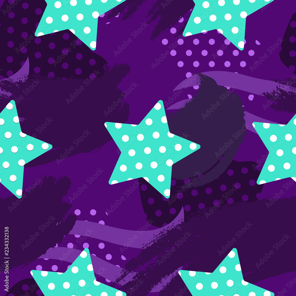 Vector seamless pattern with stars of tiffany color, dots, paint smears on dark purple backdrop. Creative wallpaper for textile and fabric, wrapping paper, design of banner, cover, print on clothes.