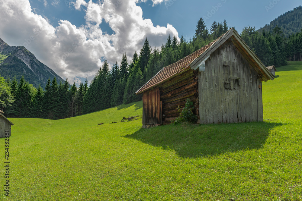 Obraz premium Berghütte auf einer Wiese in den Allgäuer Alpen
