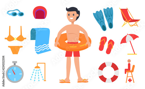 Young Man Surrounded with Swimming Equipment Icon