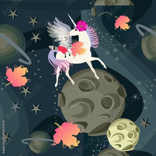 Unusual seamless pattern with little raccoon sitting astride a winged unicorn who whispers something in his ear against a background of space landscape and falling autumn leaves of viburnum in vector.