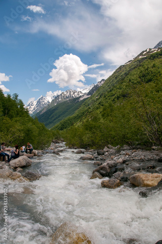 Closeup view mountains and river scenes in national park Dombai  Caucasus  Russia  Europe.