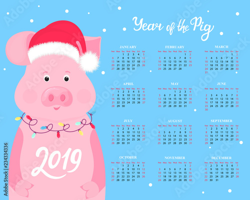 Calendar for 2019 from Sunday to Saturday. Cute pig in a hat of Santa Claus with a garland. Chinese New Year.