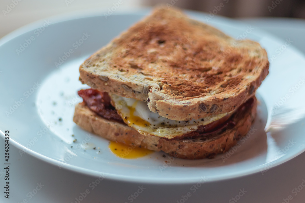 Homemade Breakfast Egg Sandwich with Cheese and bacon on Toast Homemade Breakfast Egg Sandwich with Cheese and bacon on Toast