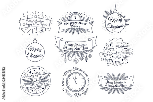 Merry Christmas. Happy New Year. Typographic badges collection