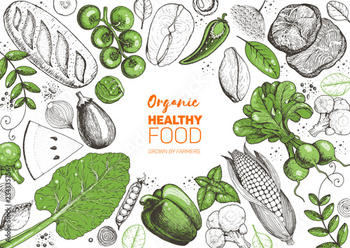 Healthy food frame vector illustration. Vegetables, meat and fish hand drawn. Organic products set. Farm market food, concept collection.