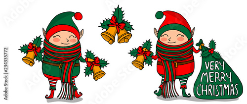 Cute funny cartoon character christmas elf with long scarf holding gift bag and handbell, isolated on white background
