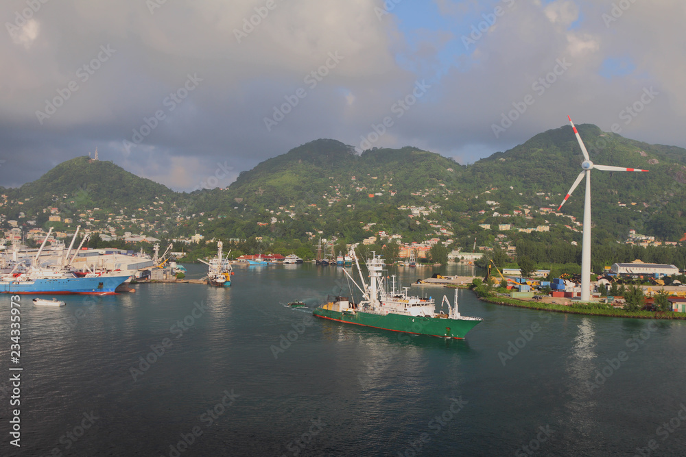 Cargo ship, port, mountains and clouds. Victoria, Mahe, Seychelles Stock  Photo | Adobe Stock