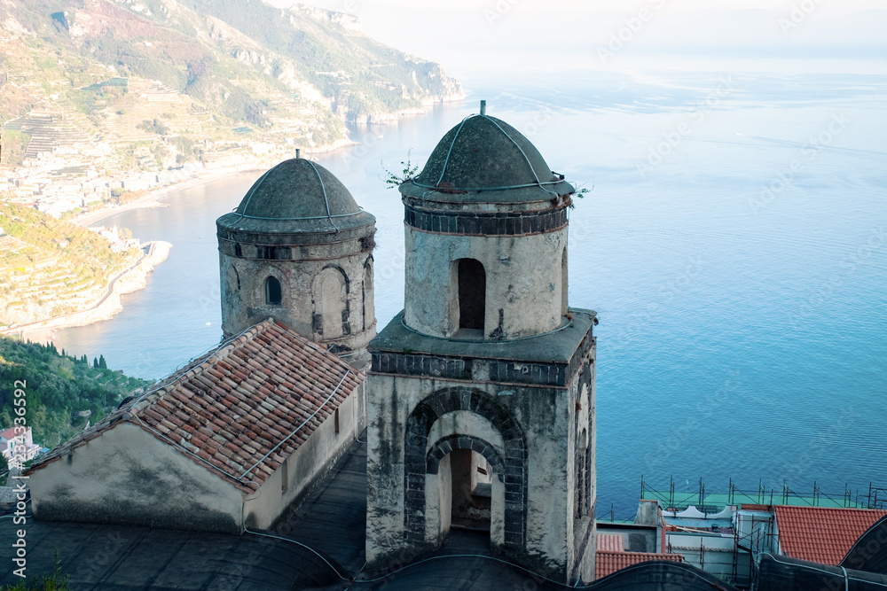 Church belltowers in Ravello village , Amalfi coast of Italy