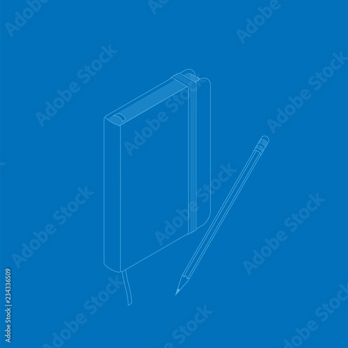 isometric flat vector illustration of copybook notepad with pencil.