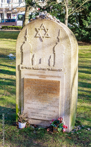 Memorial sign of the destroyed synagogue in Marianske Lazne. Czech Republic photo