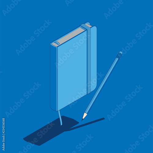 isometric flat vector illustration of copybook notepad with pencil.