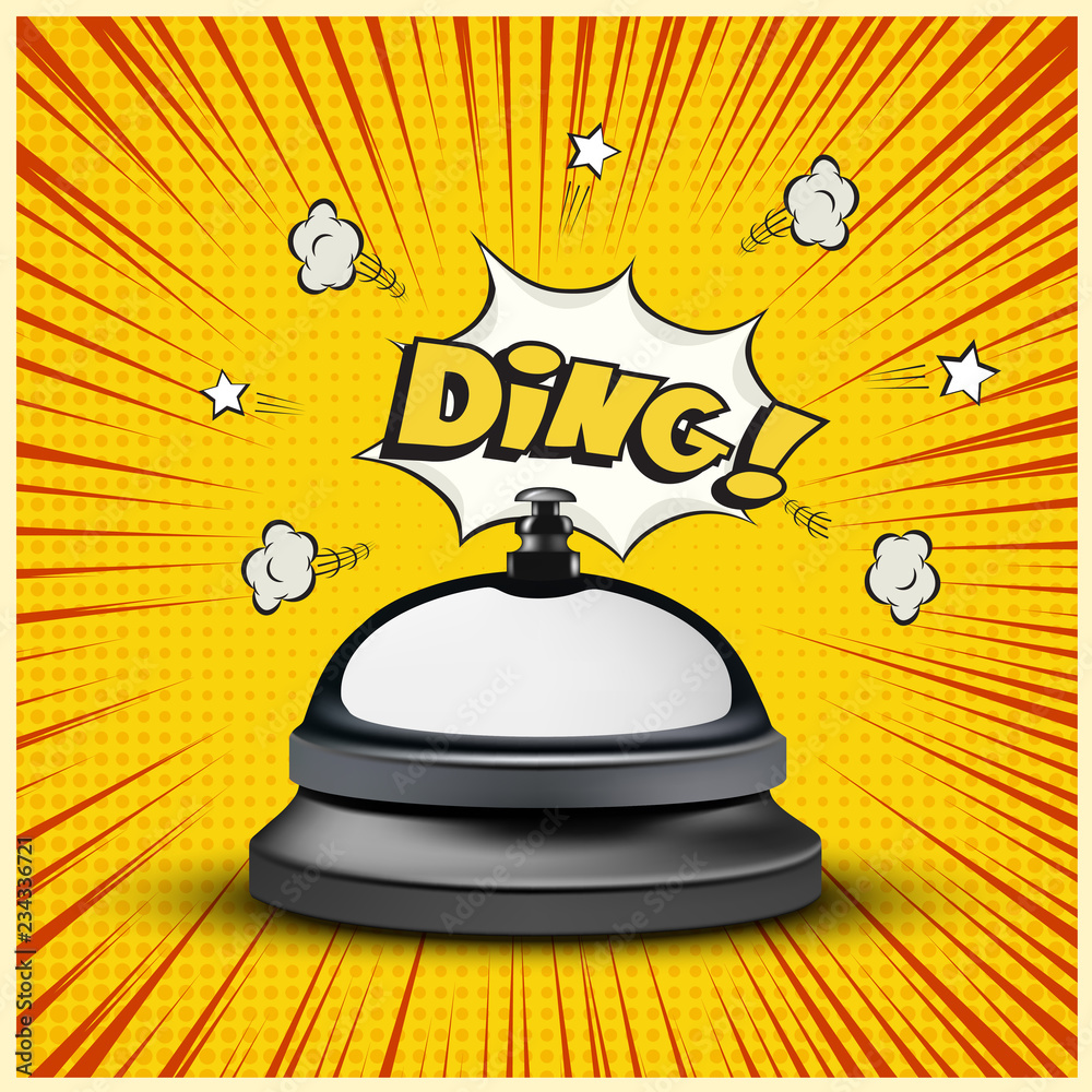 Realistic reception bell and Ding sign on striped comic book or manga style background. Vector illustration.