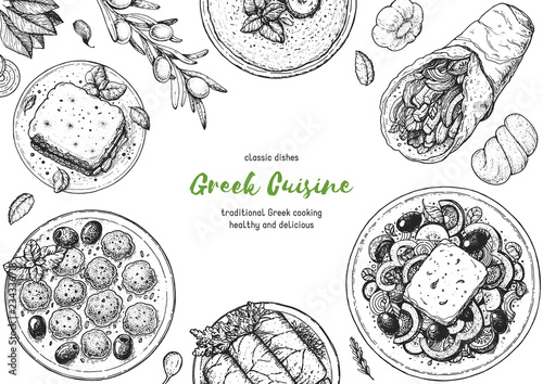 Greek cuisine top view frame. A set of greek dishes with pastitsio, keftedes, dolma, greek salad, gyros . Food menu design template. Vintage hand drawn sketch vector illustration. Engraved image.