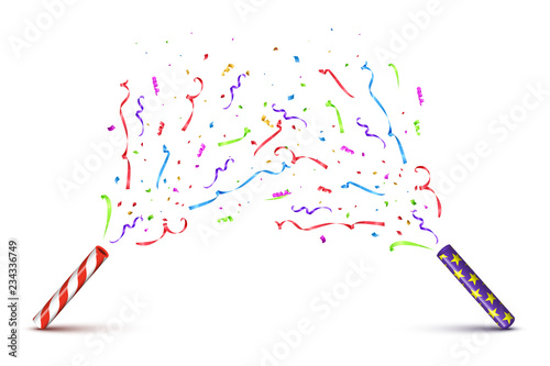 Red and violet tubes with exploding serpentine isolated on white background. Vector holiday background.