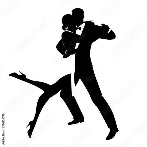 Silhouettes of elegant couple dancing romantic dance isolated on white background