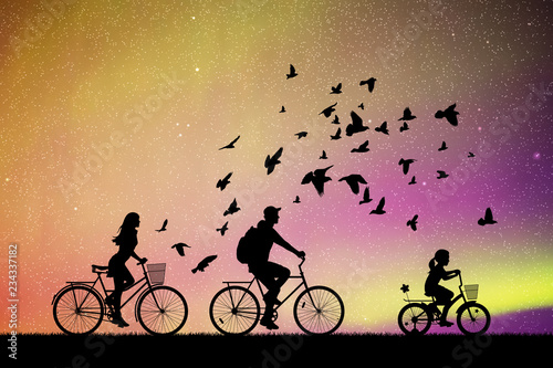 Family on bikes in park. Active rest of parents with child. Vector illustration with silhouettes of cyclists and flying pigeons. Blue pastel background