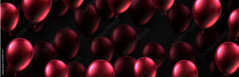 Festive banner with red shiny balloons. Holiday design. - obrazy, fototapety, plakaty 