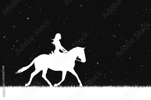 Girl on horse by sea at night. Vector illustration with silhouette of running horse and female rider under starry sky. Inverted black and white.