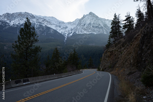British Columbia Canada sea to sky highway road with snowy mountain in background