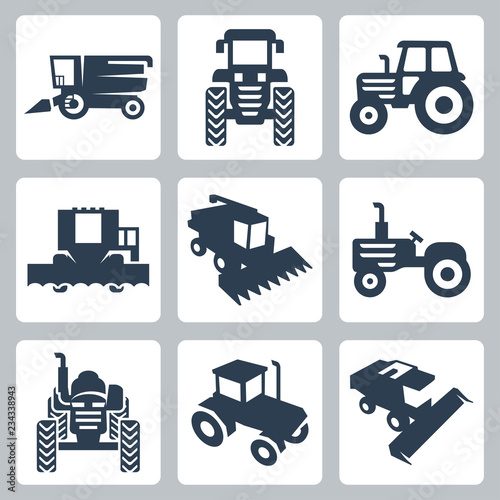 Vector isolated tractor and combine harvester icons