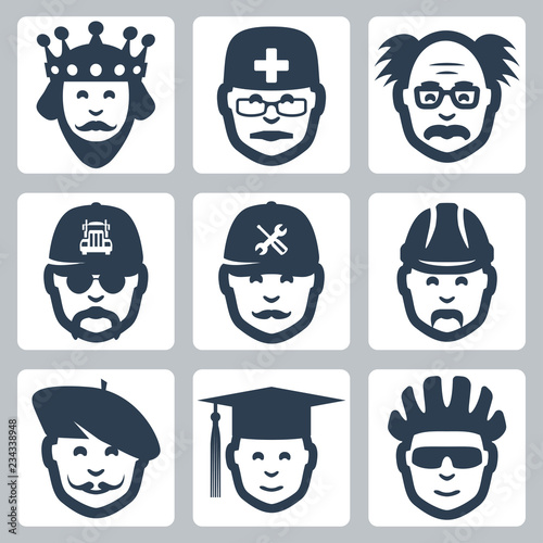 Vector profession icons set: king, doctor, scientist, trucker, repairman, builder, artist, graduating student, cyclist