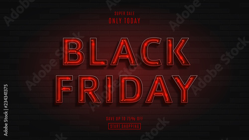 Web banner for black Friday sale. Modern neon red billboard on brick wall. Concept of advertising for seasonal offer with 3d glowing neon letters.