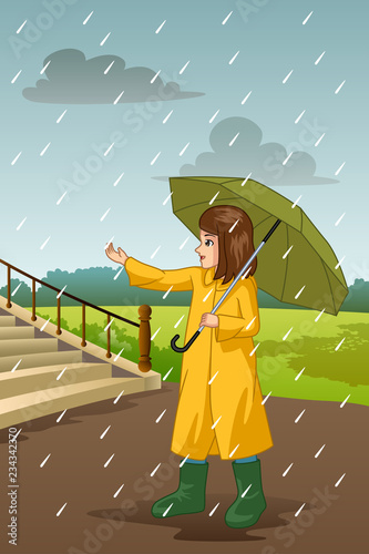Girl Carrying Umbrella Under The Rain Illustration