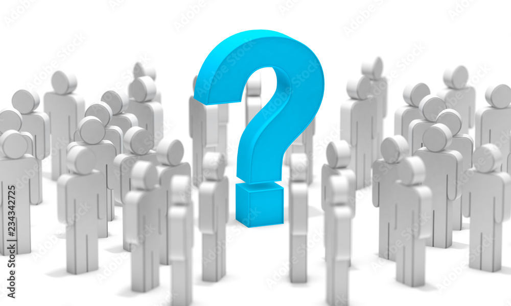 Signo de interrogación azul e iconos de hombres aislados sobre fondo blanco.Concepto de solución de negocios e innovación.Preguntas y concepto de referéndum Signo de interrogación azul e iconos de hombres aislados sobre fondo blanco.Concepto de solución de negocios e innovación.Preguntas y concepto de referéndum
