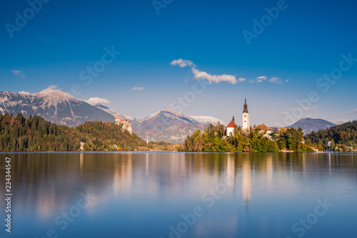 Church on island of lake Bled, long exposure, Slovenia