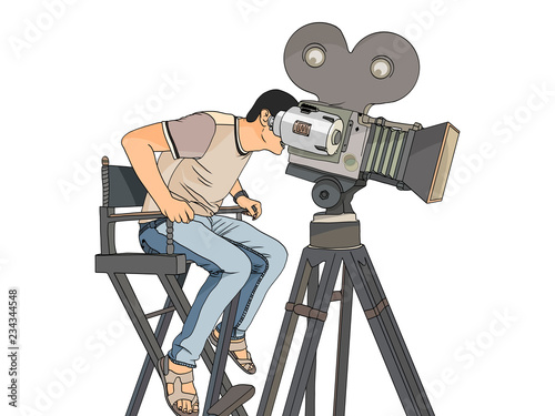 Stage director on set pop art retro vector. isolated object on white background. videographer and camera on the legs