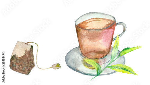 Watercolor tea Cup, tea bag and green tea leaves on white background for beautiful design and decoration, green tea Bud and fresh leaves.