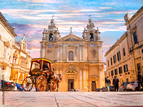 Metropolitan Roman Catholic Cathedral of Saint Paul in main town square of Mdina village in Malta, Europe