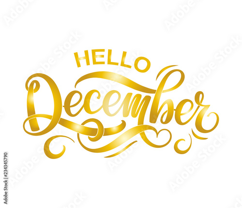 Hello December. Hand written golden lettering phrase isolated on the white background. Modern brush calligraphy inscription for winter greeting, invitation, greeting card, print design. Vector.