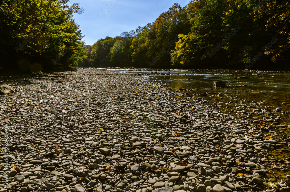 Fototapeta premium Bieszczady Mountains, Rajskie Poland, San river, view on streem in sunny autumn day. 