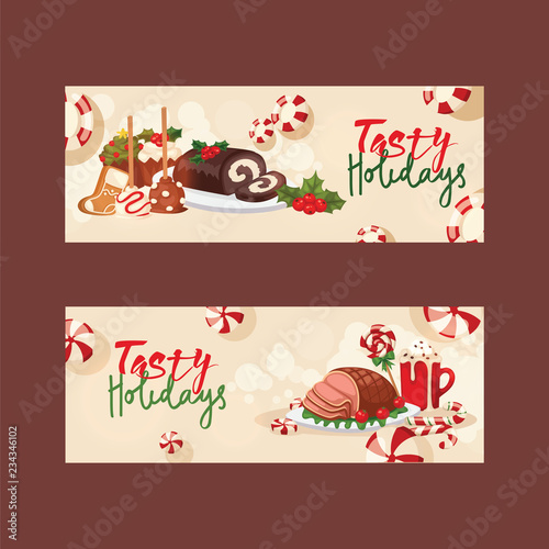 Christmas food for holiday decoration xmas sweet celebration vector traditional festive family table winter meat homemade dish. Seasonal decorative meal dinner