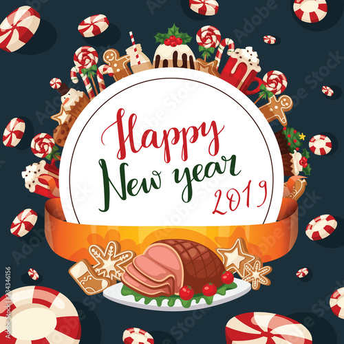 Christmas 2019 New Year food and desserts holiday decoration xmas sweet celebration vector traditional festive winter cake homemade dish.