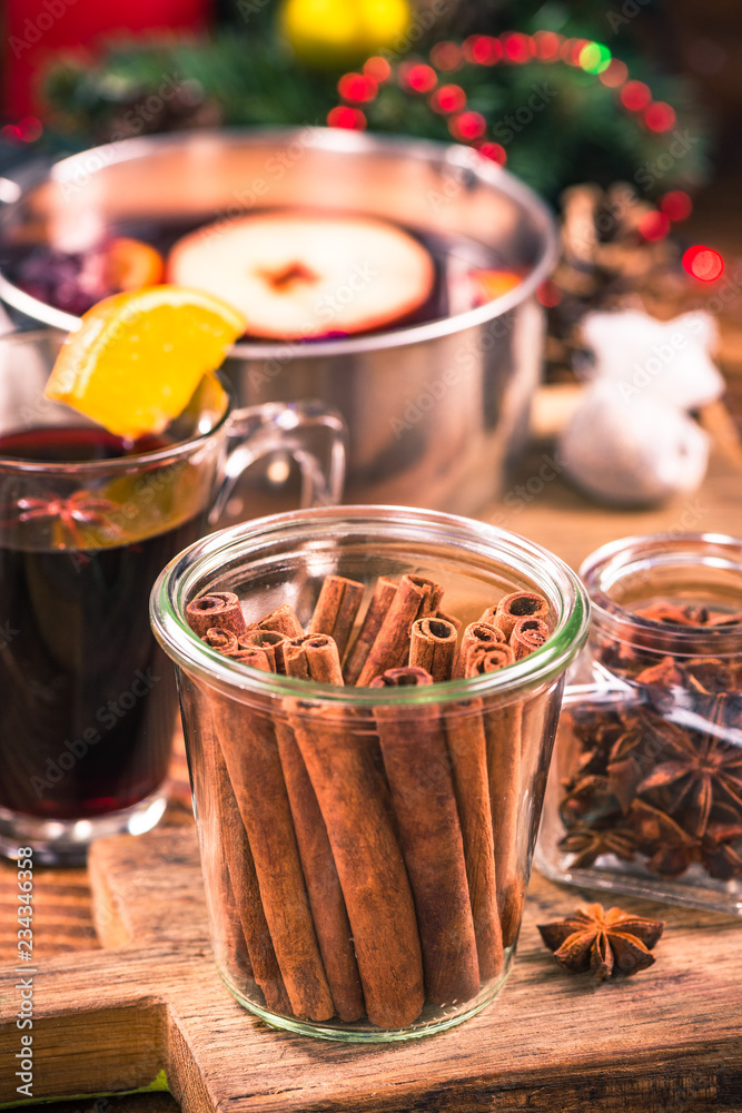 Cinnamon sticks in jar, festive Christmas spice