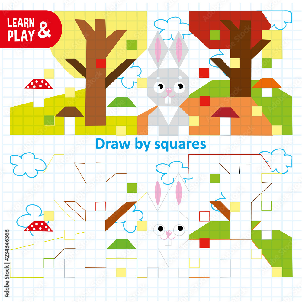 Educational game for kids to develop color perception and abstract thinking. Draw by squares. Gray hare in autumn forest. Play and learn. Vector illustration. Hand draw. Coloring. Game for children
