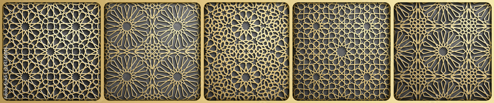 Islamic ornament vector , persian motiff . 3d ramadan islamic round pattern elements . Geometric circular ornamental arabic symbol vector . Gold background