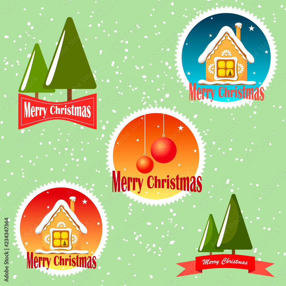 Set of emblems merry christmas on green background with snow