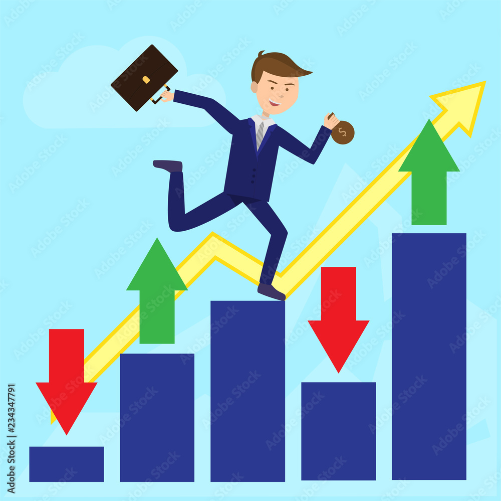 Businessman running on growth arrow with profit flat background