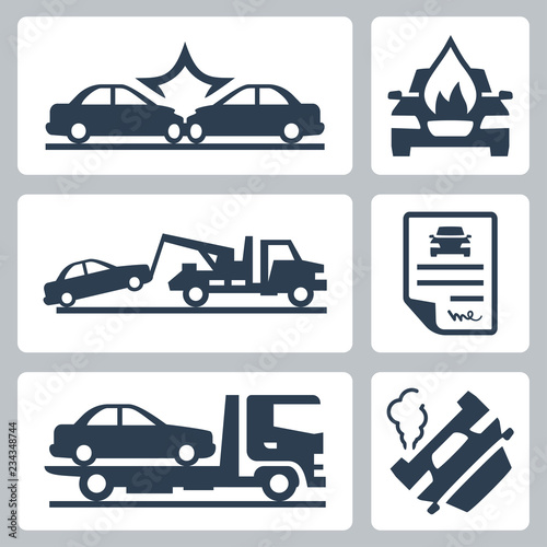 Vector breakdown truck and car accident icons set
