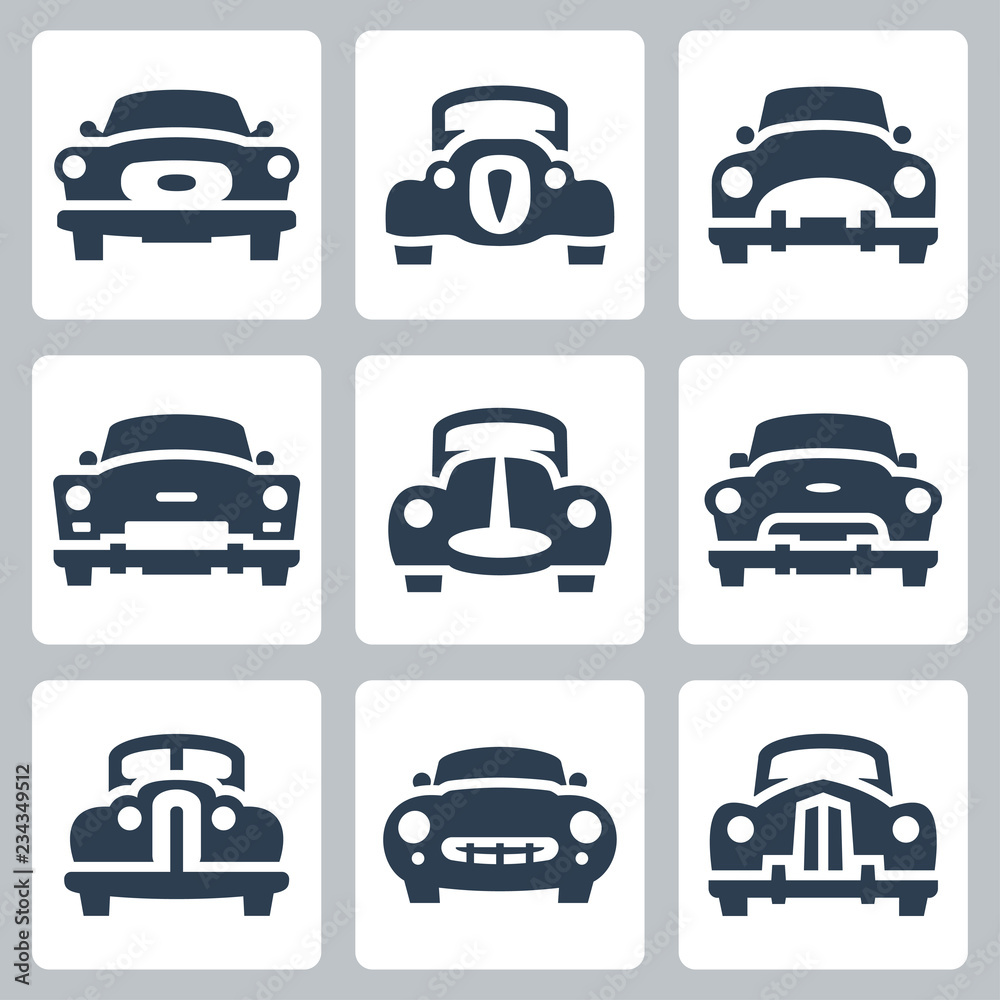 Vector old cars icons set, front view