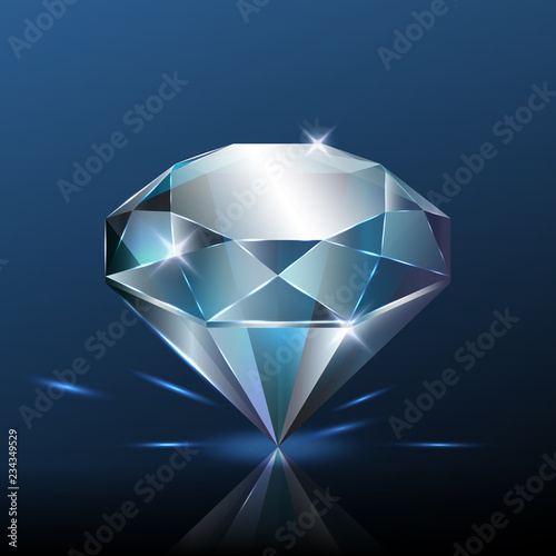 Big pure blue diamond with glitter, vector illustration