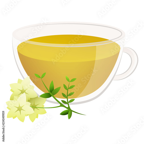 Delicious natural tea with fragrant herbs in a beautiful transparent mug.