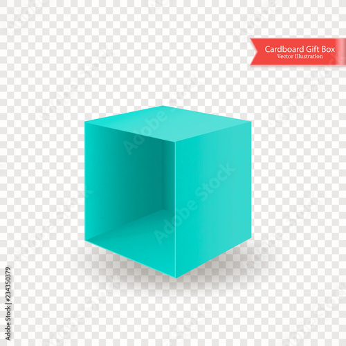 Single open empty cardboard green blue box without lid or cover. Packing lying on its side. Object isolated on transparent background. Realistic Vector Illustration