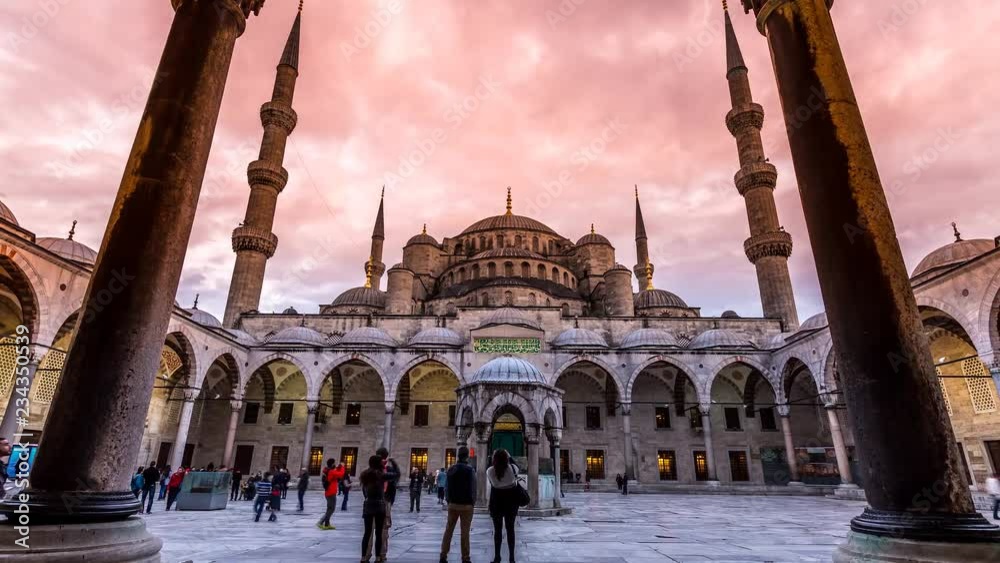Time Lapse scene of magical Blue or Sultan Ahmet Mosque in Istanbul. 4K Time Lapse. Tilt Shift from above. Sultanahmet Mosque sunset.
