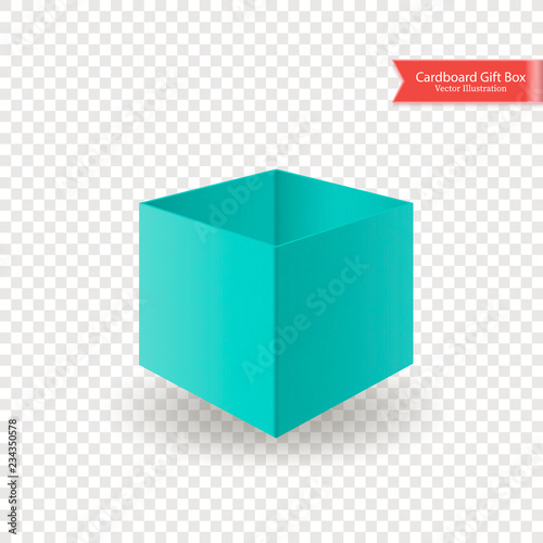 Single open cardboard green blue box with without lid or cover. Front view. Package isolated on transparent background. Realistic Vector Illustration