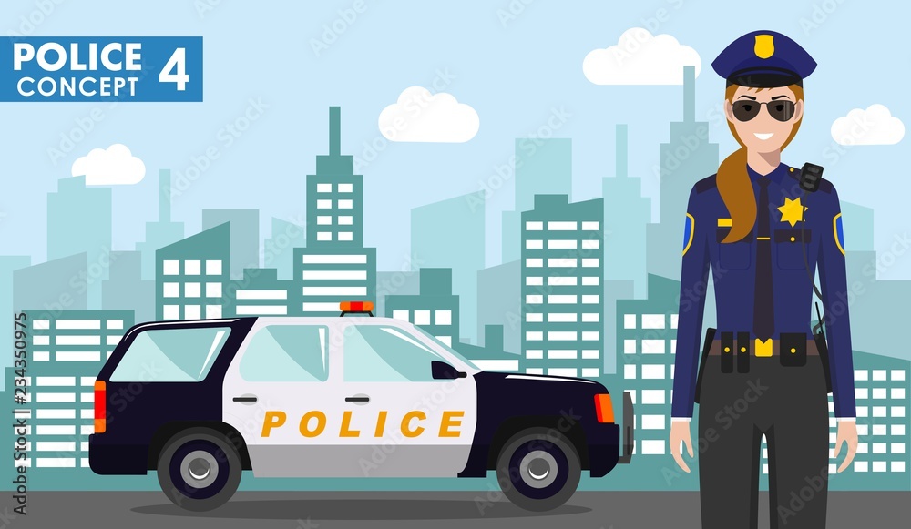 Police concept. Detailed illustration of policewoman on background with police car and cityscape in flat style. Vector illustration. Police concept. Detailed illustration of policewoman on background with police car and cityscape in flat style. Vector illustration.